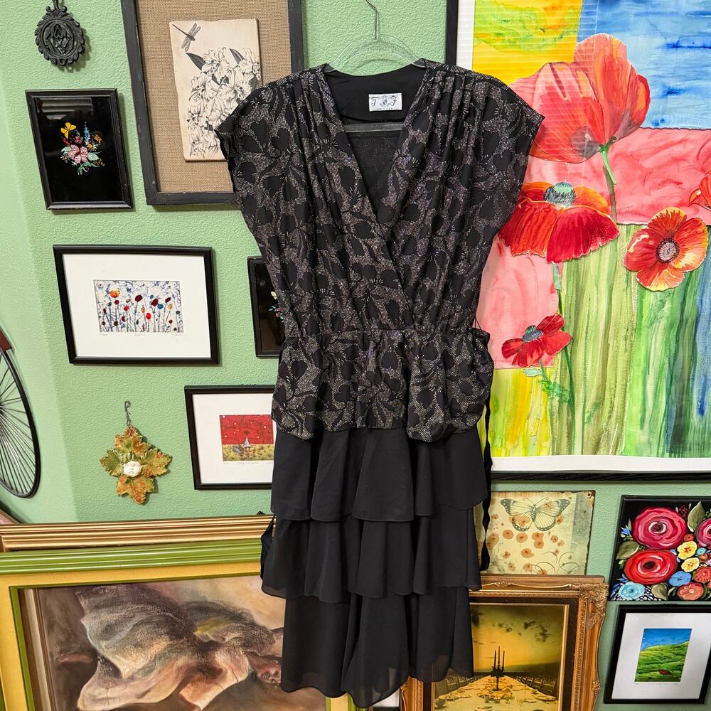 80s Glam Dress Womens Size M L Black Gold Peplum Tiered Ruffle Chiffon Party